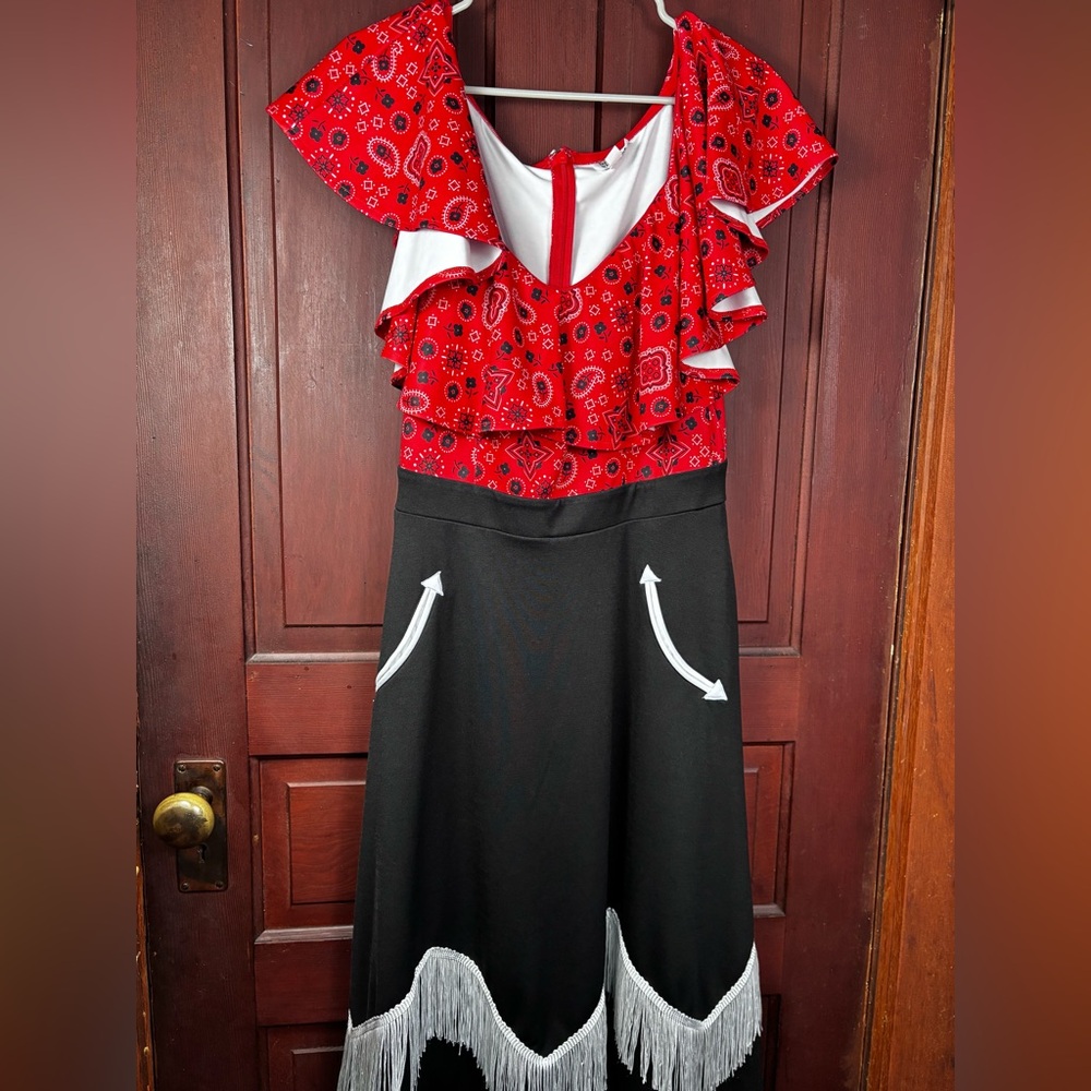 Unique Vintage Red and Black Ruffled Dress with Fringe